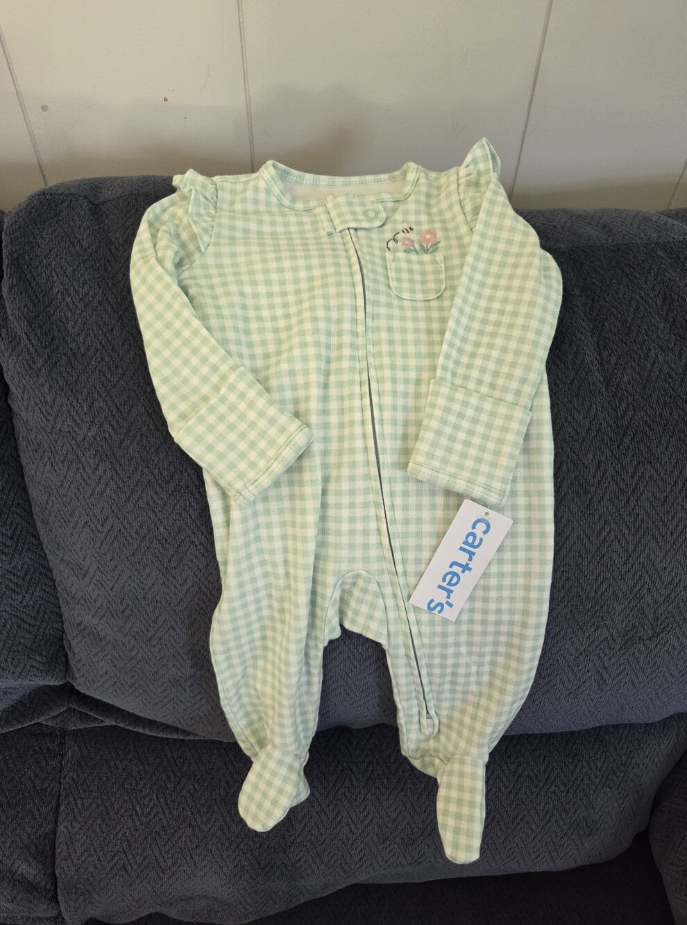 Carter's Light Green Gingham Footed One-Piece